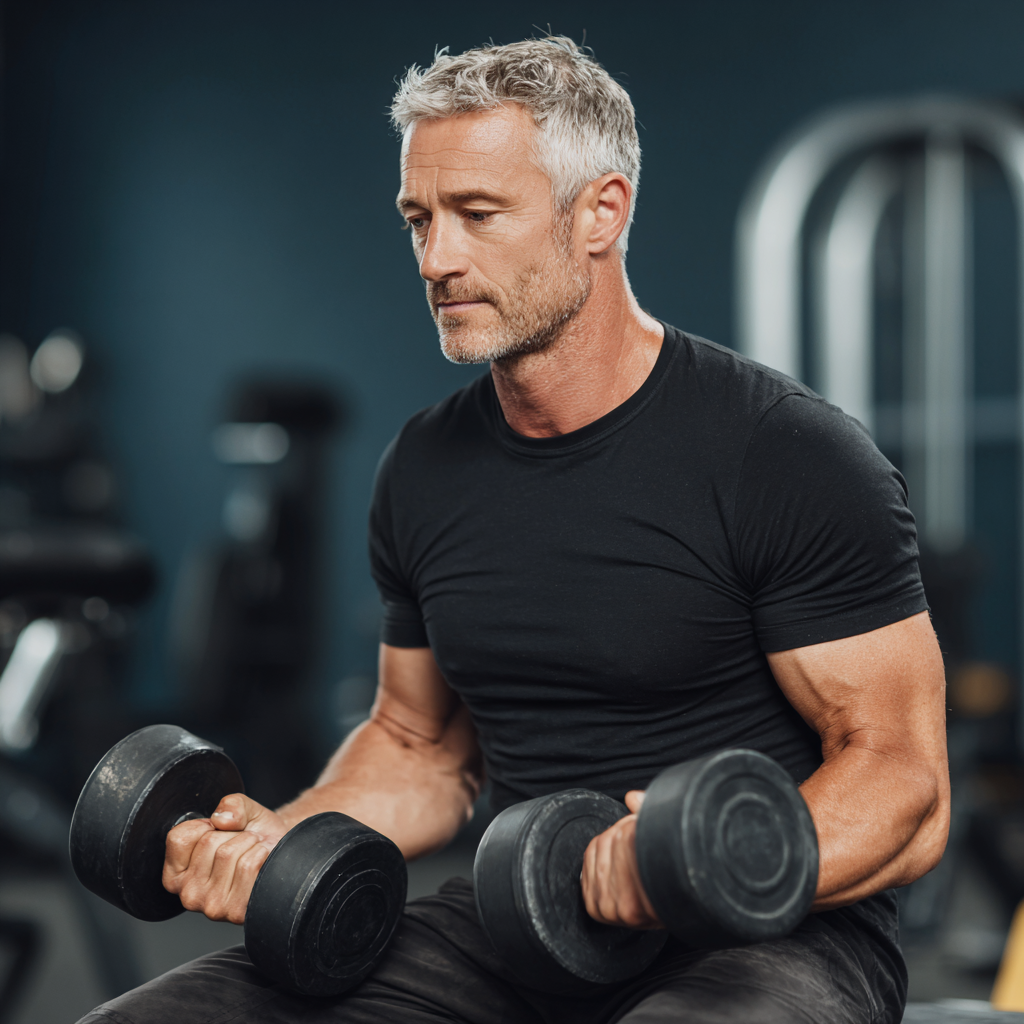 Чоловік 55 років виконує силові вправи з гантелями у сучасному тренажерному залі