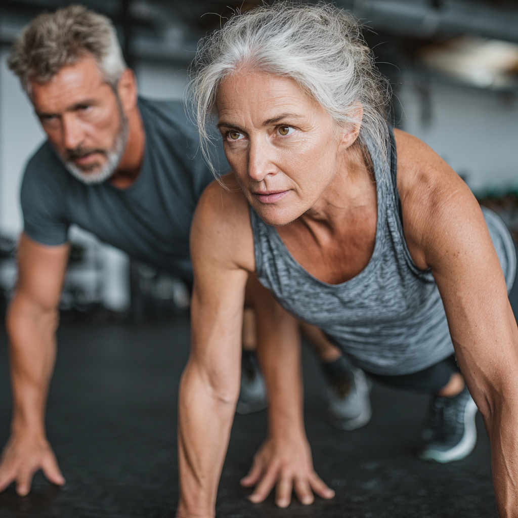 Жінка 58 років займається індивідуальним тренуванням з персональним тренером у залі