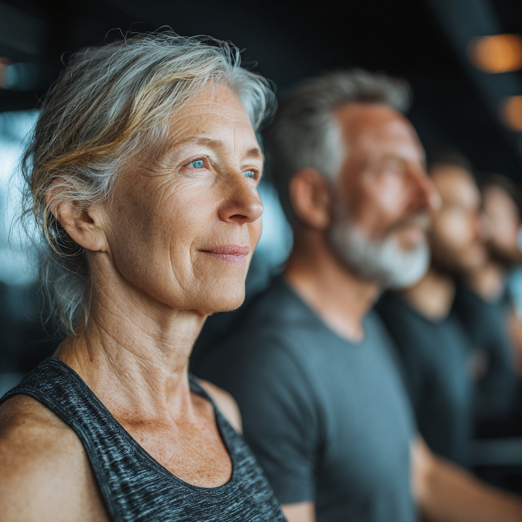 Група людей віком 55-60 років займається фітнесом в залі під керівництвом тренера